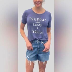 NWOT POL Plus Size Blue/Gray Distressed Graphic Low Plunge Neckline Shirt - 3XL